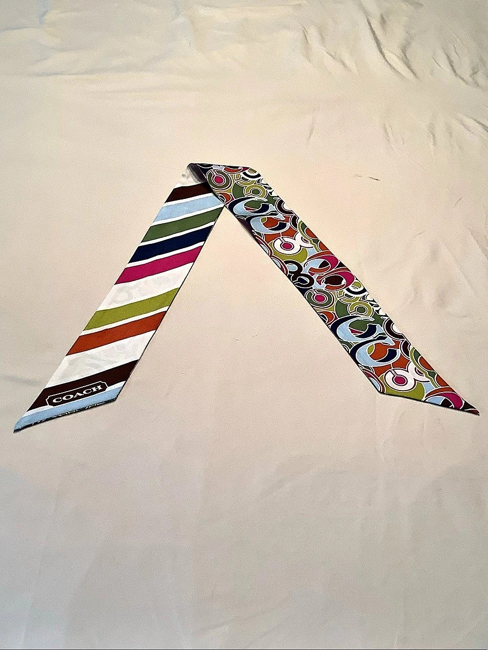 Coach Reversible Multicolor Signature Stripe Silk Skinny Scarf 32 x 2.5 in